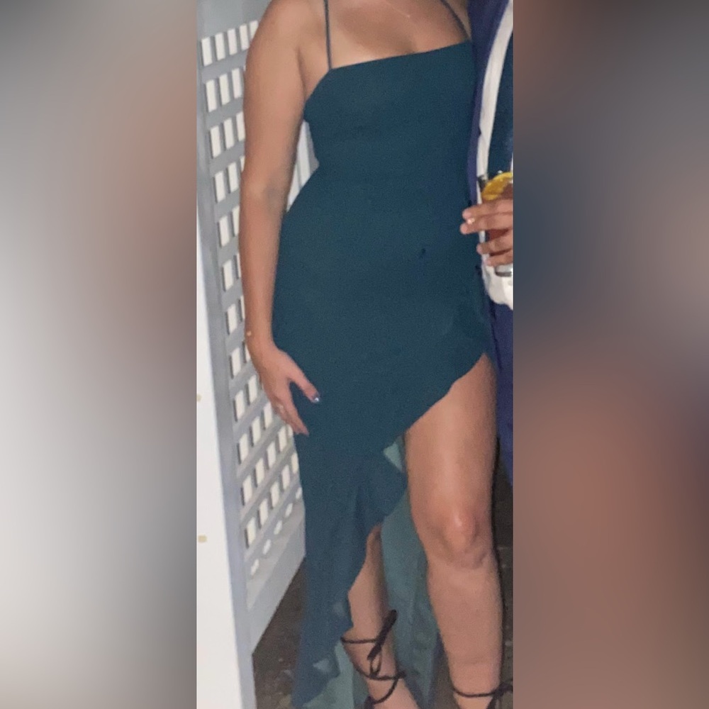 Windsor Dark Green Crepe Long Dress High Slit with Ruffle